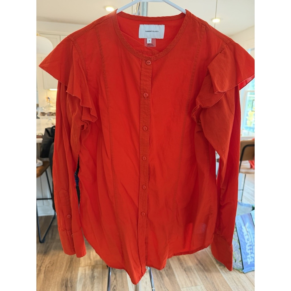 Current/Elliott Women's Red Cotton Button-Up Blouse Small Long Sleeve Ruffled NW